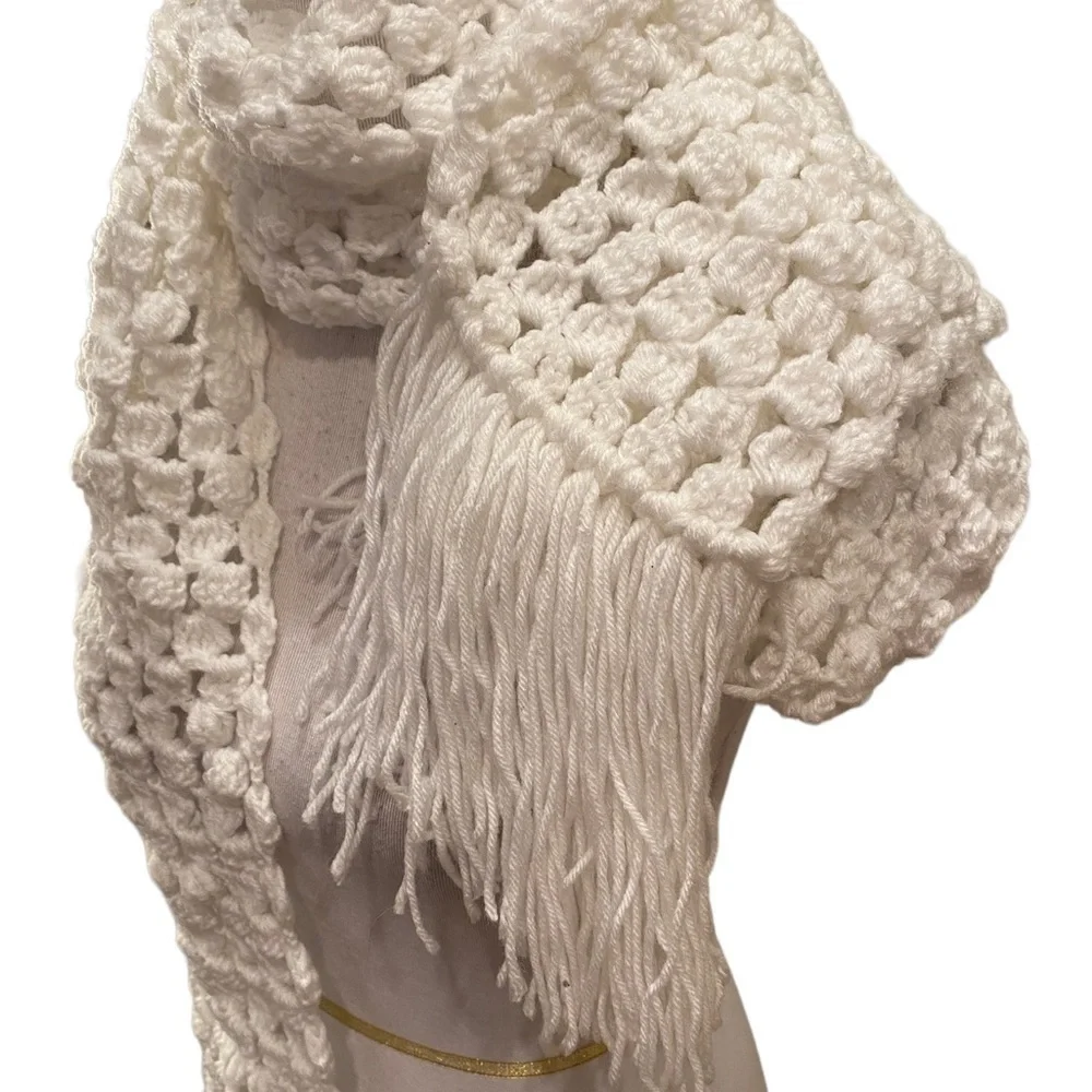Handmade Crocheted Scarf Pure White Extra Long  94” with Fringe